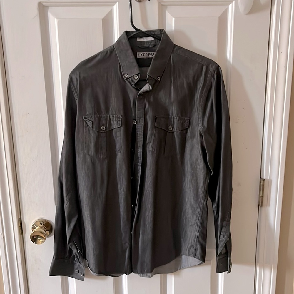 Long sleeve dress shirt. The brand is Express. Very high quality. No rips/tears